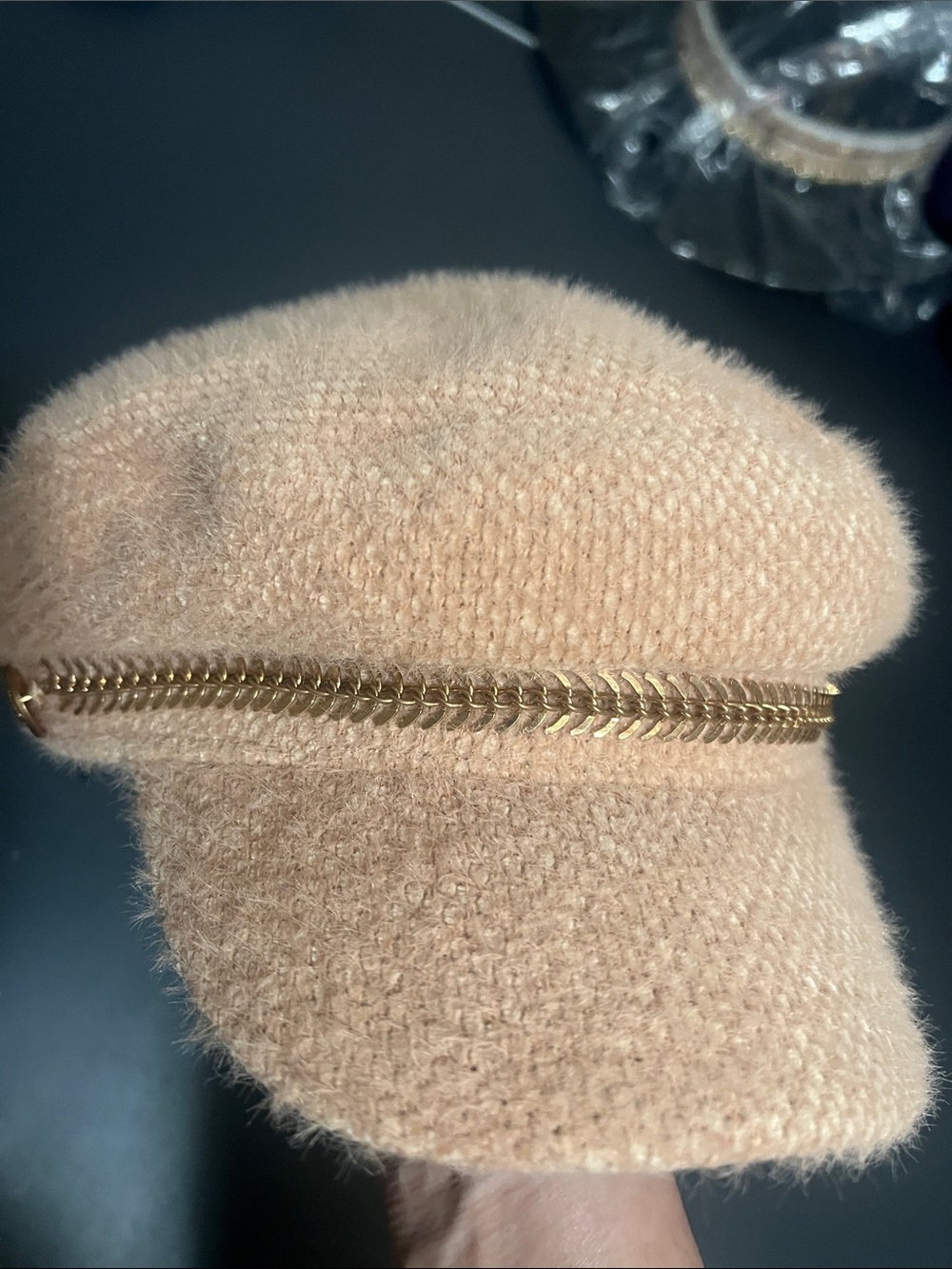 Womens Soft Knit cream tan hat with Gold Chain Trim